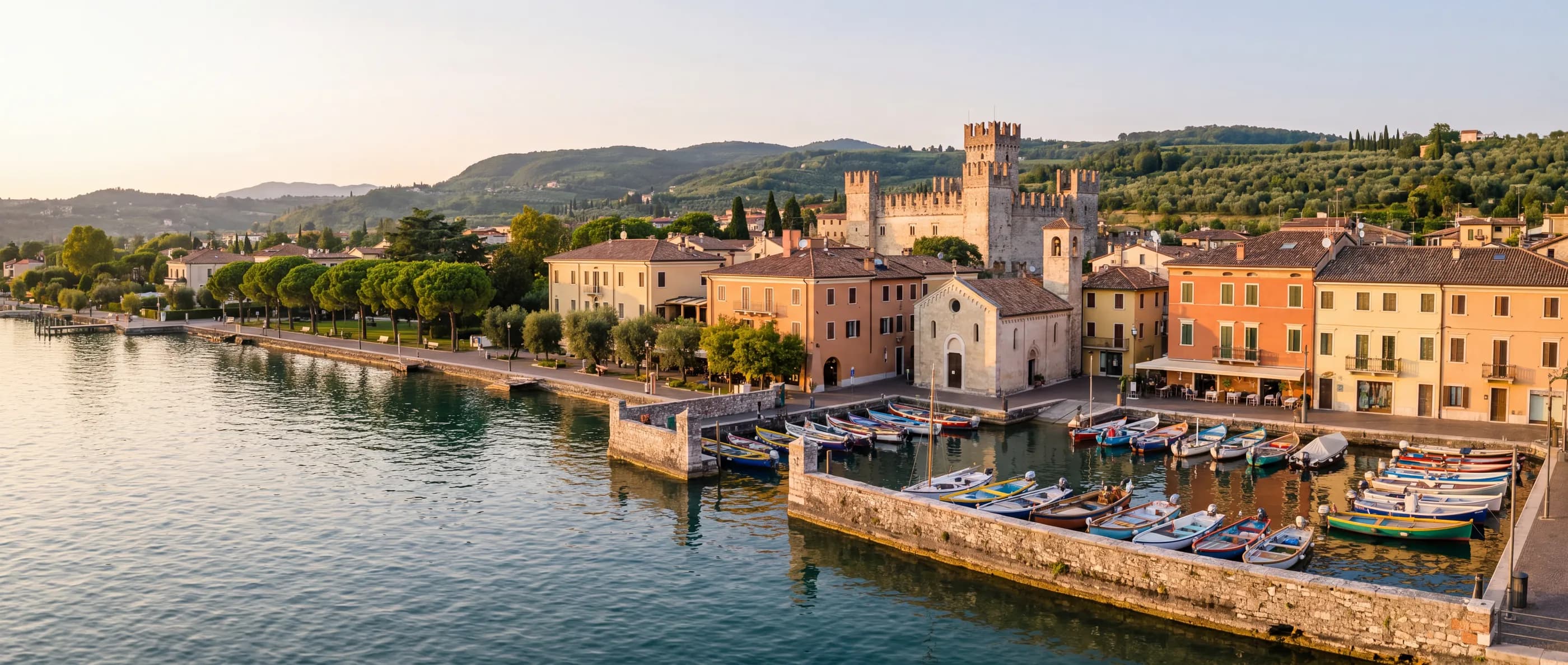 Lazise am Gardasee, Hafen mit Fischerbooten, San Nicolò und Scaligerburg im Abendlicht