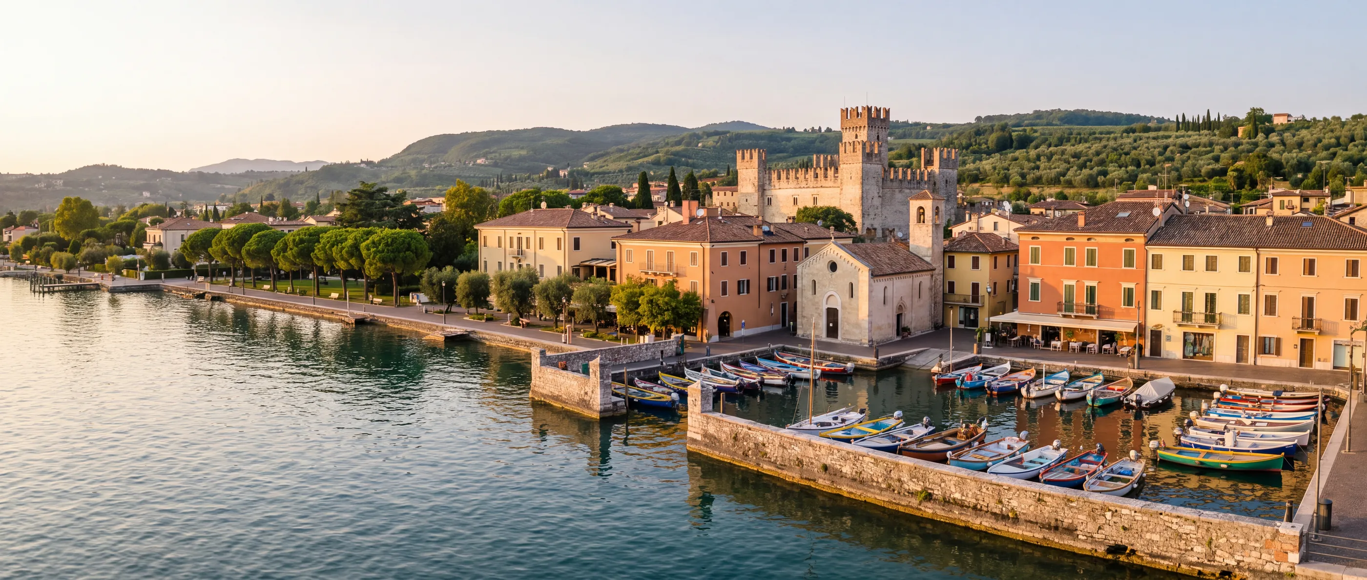 Lazise am Gardasee, Hafen mit Fischerbooten, San Nicolò und Scaligerburg im Abendlicht